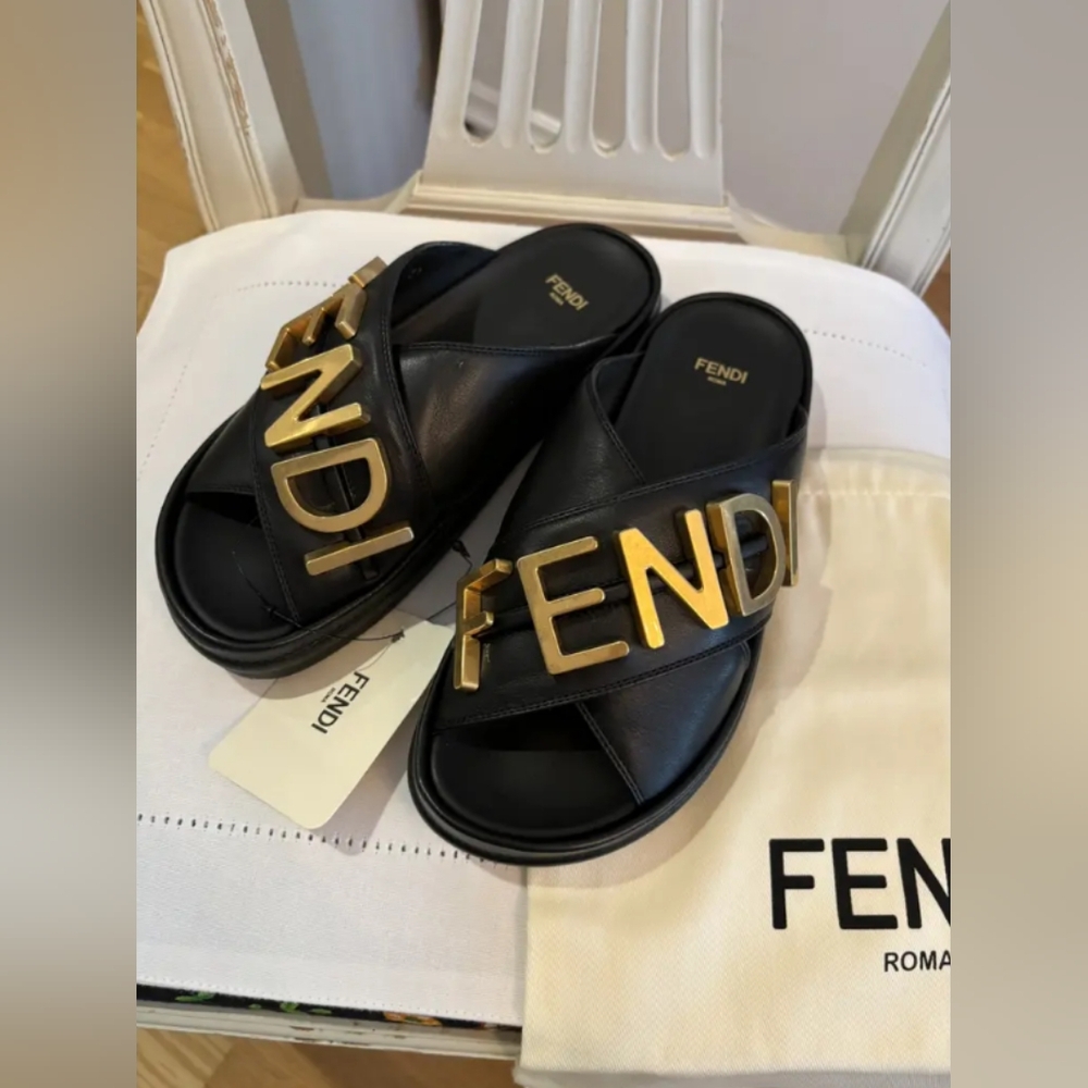 Fendi Black and Gold Slide Sandals